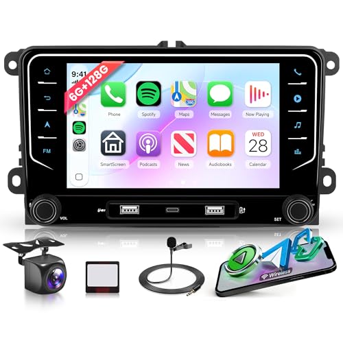 8 Core 6G+128G Android Autoradio pour VW Golf 5 6 Passat Polo Tiguan Touran Caddy Skoda Seat 7 Pouces Autoradio avec Sans Fil Carplay Android Auto GPS Navi WiFi Bluetooth FM/RDS/DSP EQ Caméra de Recul