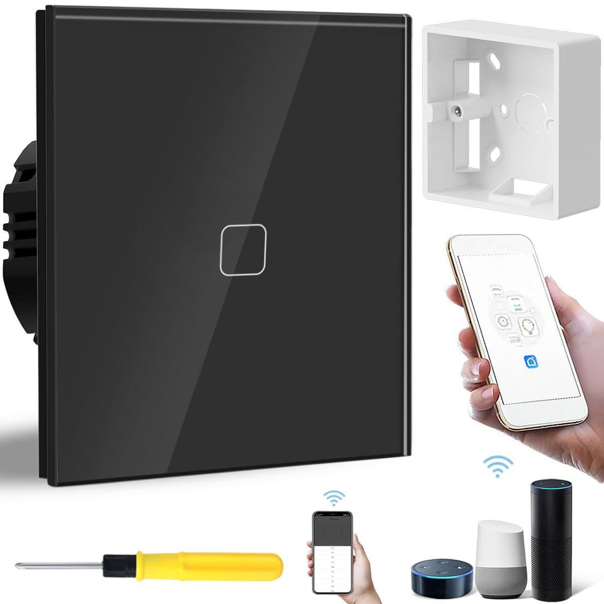 Acmerota WIFI Smart Tempered Glass Panel Light Switch Touch 1 Gang 1 Way,Single Gang Smart Swich Black with Back Bos Compatible with Alexa & and for Google Home