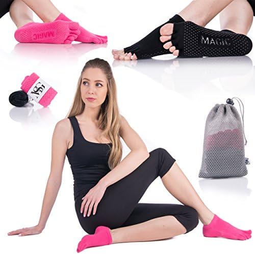 Non Slip Yoga Socks for Women - Non-Skid Silicone Premium Grip for balance - Ideal for Barre, Pilates and Ballet Exercise or Hospital Wear with Mesh Bag for Washing Machine