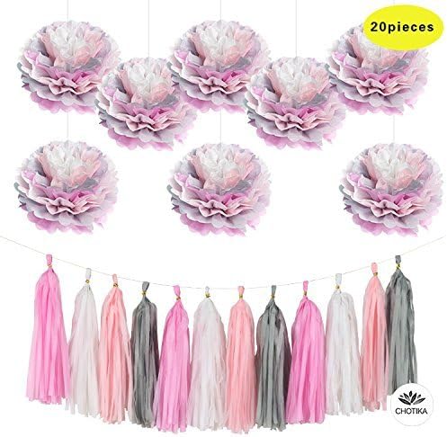 Pink Themed Tissue Paper Flowers Pom Poms Tassel Garland Decorations For Birthday Girl Sweet 16 Bachelorette Celebration Bridal Shower Wedding Party Supplies-100% premium(fuchsia-pink-grey-white)