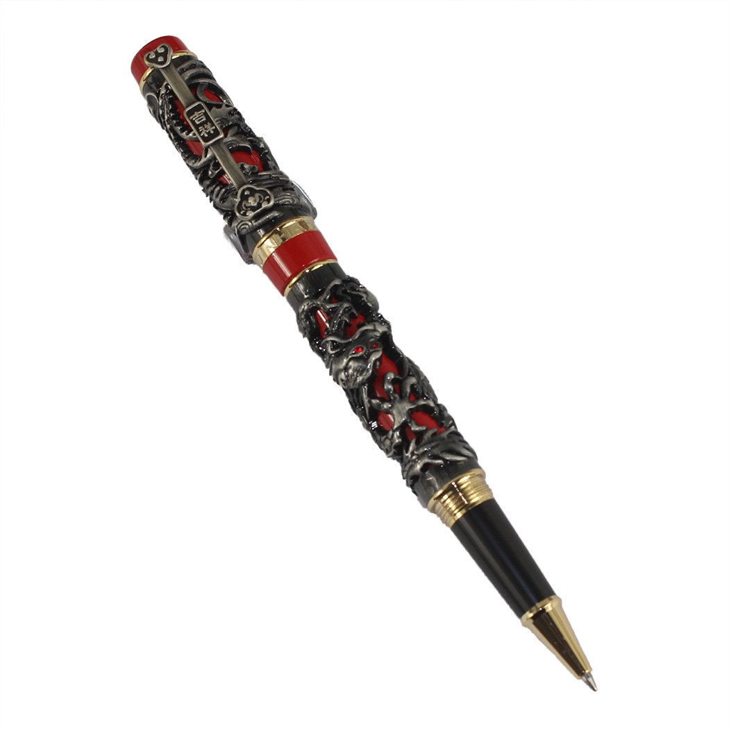 Gullor Noblest Dragon and Phoenix Rollerball Pen with PU Leather Pen Pouch - Antique Silver and red