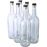 FastRack 750 ml Clear Wine Bottles with 6 Cognac Corks w/Plastic Tops (Pack of 6) Bordeaux Bottles/Flint Flat-Bottomed Cork Top | Ideal for Wine Making and Storage