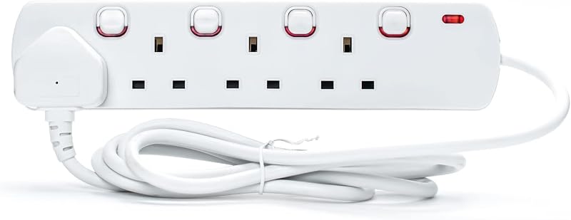 Status 4 Way Extension Socket 2m Lead Individually Switched Neon Indicator White