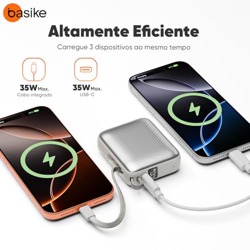 Basike Power Bank, Carregador Portátil 10000mAh 35W, 2-Saídas com Cabo Tipo-C Integrado, Bateria Externa de Carregamento Rápido PD/QC para iPhone Séries 17/16/15, Samsung S25/24/23/22 (Cinza)