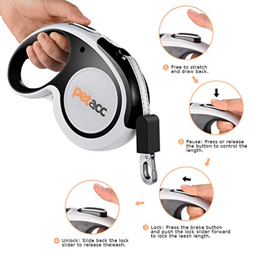 Petacc Retractable Dog Leash, Anti-bite Heavy Duty Pet Walking Leas 360° Tangle Free,16ft Strong Nylon Tape,One-Handed Brake, Pause, Lock