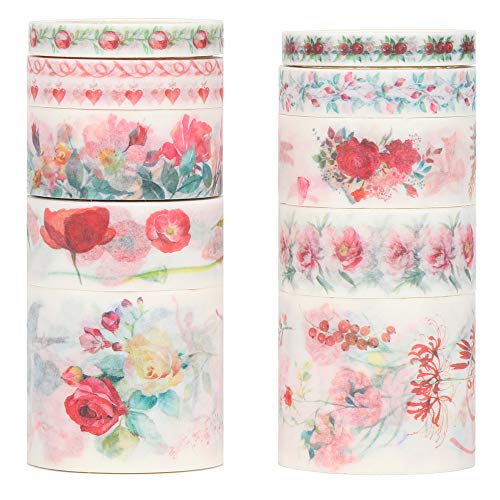 Molshine Floral Washi Masking Tape Set of 10, Spring Flower Decorative Sticky Paper Tapes for DIY Craft, Gift Wrapping, Bullet Journal, Planner, Scrapbooking (A)