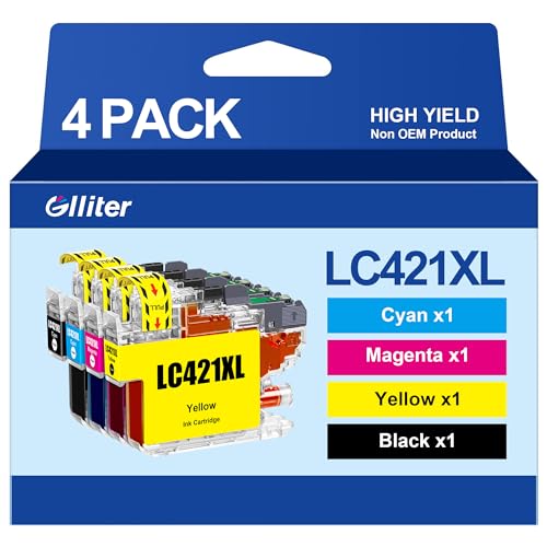 Glliter LC421XL LC-421XLVAL Lot de cartouches d'encre pour Brother LC421 LC-421XL Multipack pour Brother DCP-J1050DW DCP-J1140DW MFC-J1010DW (1noir, 1magenta, 1 cyan, 1 jaune)