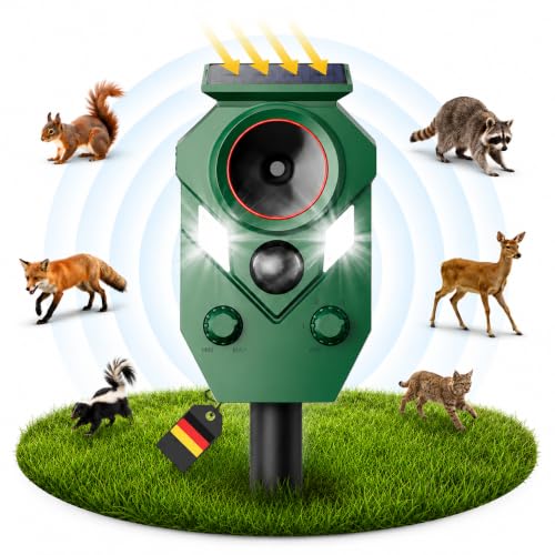 Ultrasonic Solar Cat Repeller Garden with Motion Sensor & 5 Modes, Cat Repellent and Marten Deterrent, IP65 Waterproof Against Cats, Martens, Birds and Voles