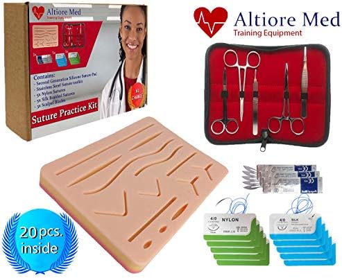 Complete Suture Practice Kit For Advanced Suturing Training (20 Pieces). Includes Large Silicone Suture Skin Pad With Pre-Cut Wounds, Suture Tool Kit, 10x Threads & Storage Case. For Medical Students.