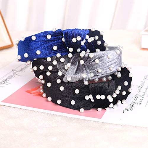 Meartchy Headbands for Women Pearl, Headbands Women Hair, Twisted Faux Pearl Velvet Turban Headbands Knotted Headbands for Women Hair Hoops with Cloth Wrapped Hair Accessories for Women and Girls