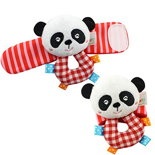 TOYMYTOY 4PCS Baby Infant Soft Animal Wrists Rattle Toys Hands Foots Finders Plush Bell (Lion and Panda)