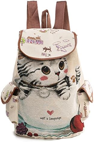 OURIZE Canvas Cat Printing Schoolbag, Large Capacity Pupils Cute Bookbag