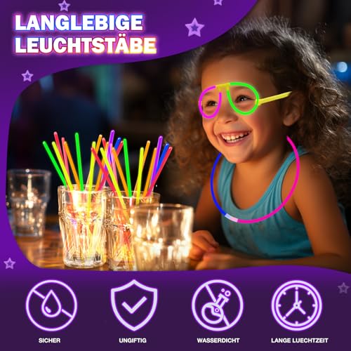 Millegu Glow Sticks Party Set, 100 Pieces Glow Sticks, 130 Connectors, Neon Glow Sticks Chains and Luminous Glasses for Children, Decoration for Festival, Weddings, Christmas, Party, New Year's Eve