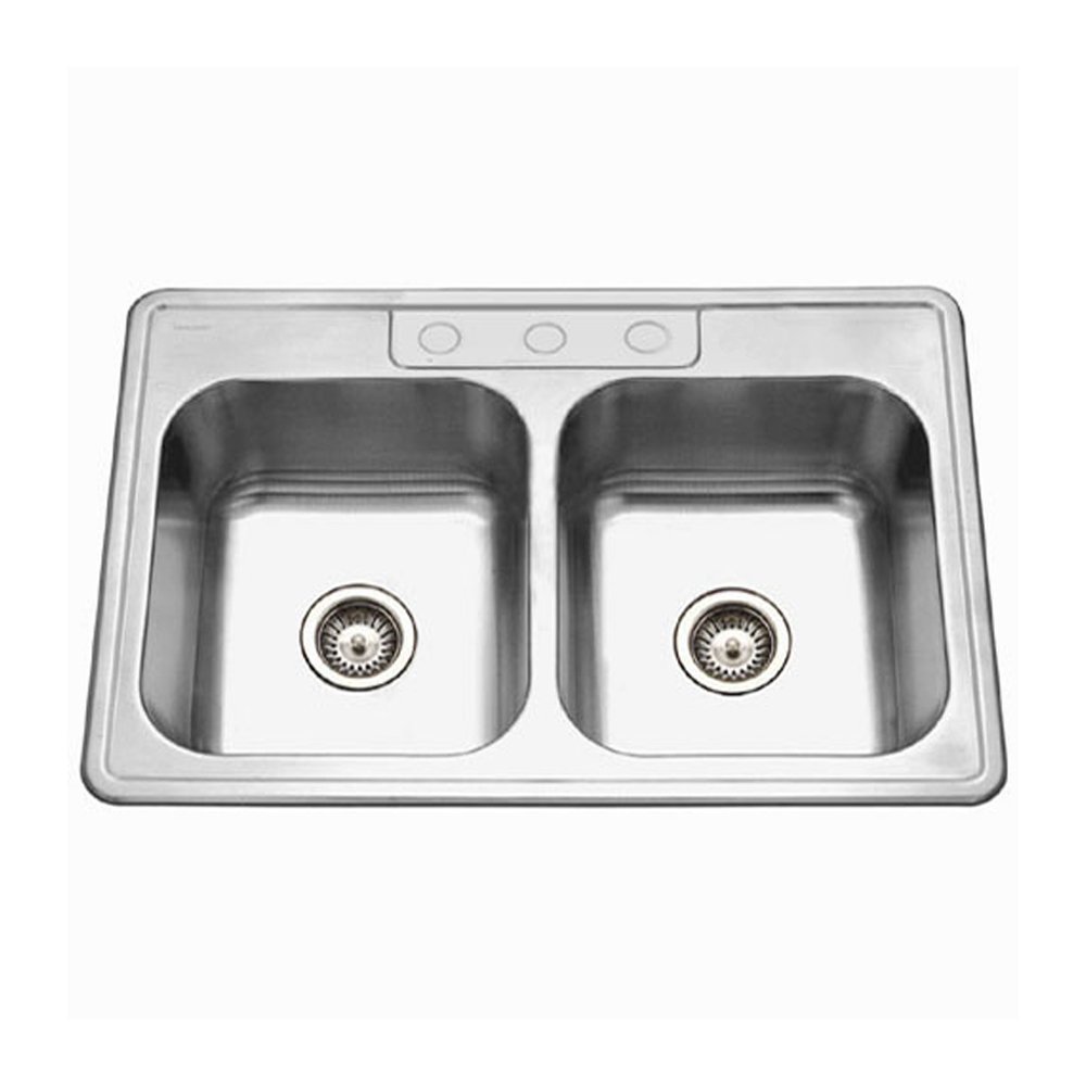 Houzer 3322-9BS3-1 Glowtone Series Topmount Stainless Steel 50/50 Double Bowl Kitchen Sink, 9-Inch Deep