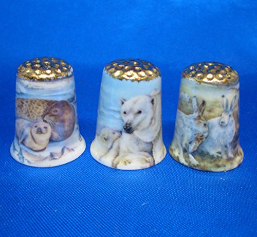 Birchcroft Porcelain China Collectable Thimbles - Set of Three Gold Polar Animals