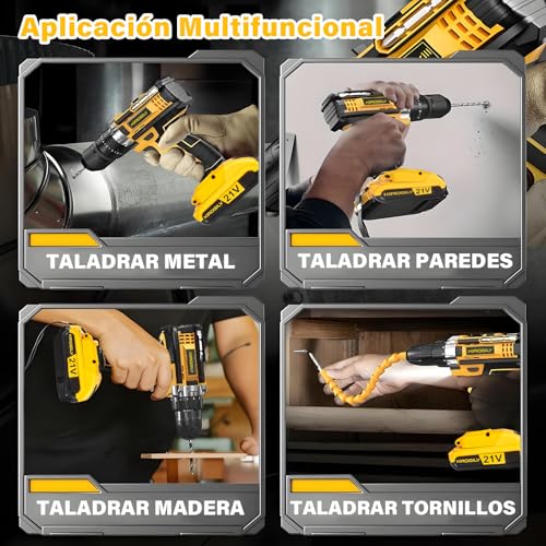 KIROGILY Taladro Inalámbrico, 3 en 1 Desarmador Electrico Inalambrico Con Kit de Herramientas, Ajuste de Par de 25+3 Atornillado/Taladrado/Impacto,para Reparaciones Domésticas y Tareas Profesionales