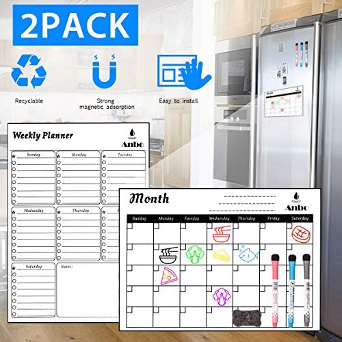 Magnetic Dry Erase Calendar 2 Packs Monthly Calendar & Weekly Planner 17" x 12 for Kitchen Refrigerator-Best for Smart Planners 3 Markers,1 Eraser