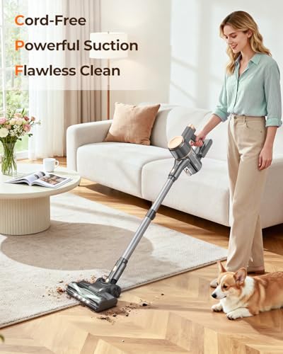N8 Cordless Vacuum Cleaner, 40KPA Powerful Suction Vacuum Cleaners for Home,40 Mins Runtime, Rechargeable Battery, Self-Standing, Lightweight Stick Vacuum for Hardwood Floor Carpet Pet Hair (Argent)