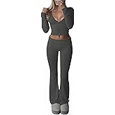 TDCoool Women 2 Pieces Outfits Long Sleeve Deep V-Neck Casual Crop Top Top Wide Leg Flare Pants Suit Comfy Loungewear Yoga