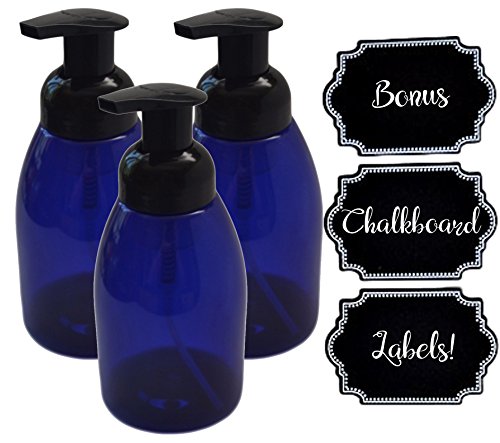 3 Pack Firefly Craft Cobalt Blue Plastic Foaming Bottles with Chalkboard Labels, 14 ounces each