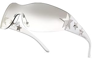 Haqptul Rimless Y2K Sunglasses Star Wrap Around Glasses 2000S Accessories for Women Men Trendy Fashion Cool Shield Shades