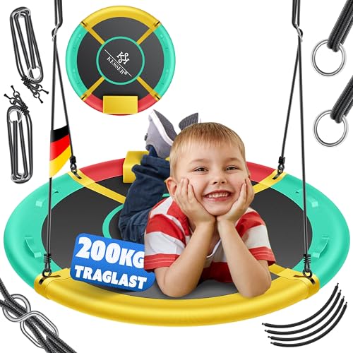 KESSER® Nestschaukel Tellerschaukel Hängeschaukel Rundschaukel Ø 60cm Schaukel bis 200kg belastbar mit Kissen & 4 Griffen verstellbar Kinderschaukel Indoor & Ou