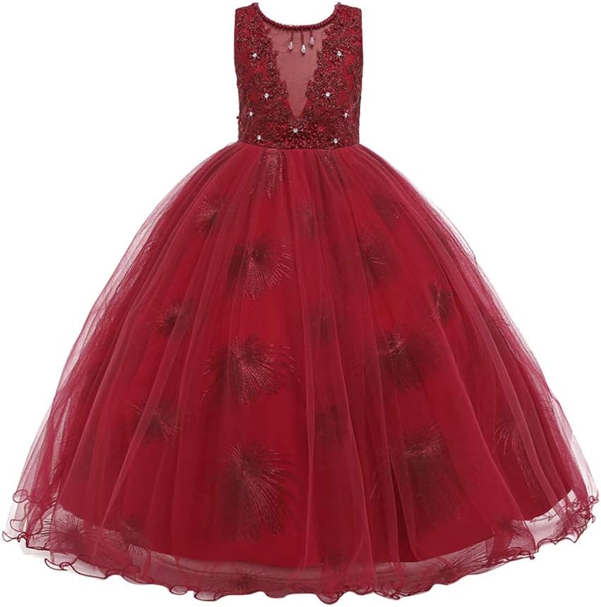 Holeider Princess Dress Girls Kids Tulle Embroidered Beads Festive Prom Prom Prom Wedding Dress Party Carnival Wedding Sleeveless Long First Communion Dresses