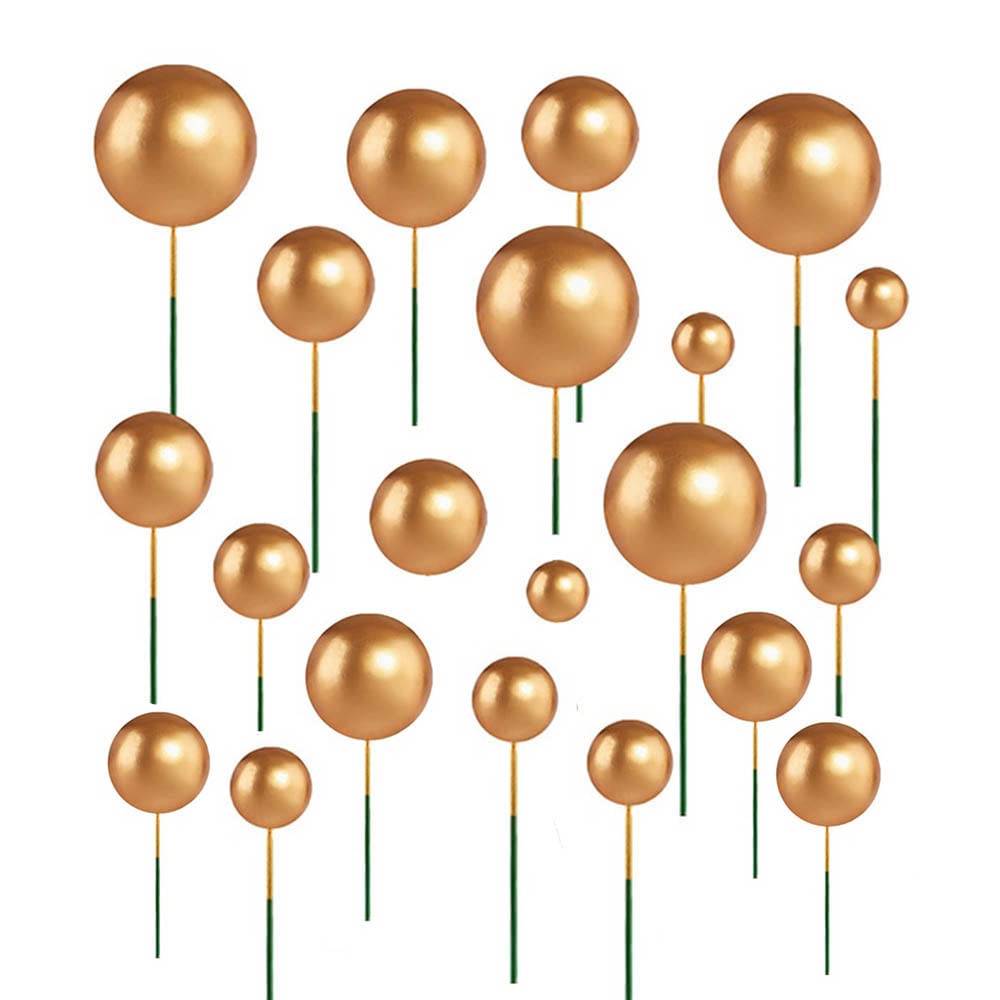 Ddfly 66Pcs Balloon Cake Decorations, Mini Round Gold Faux Pearl Balls Cupcake Toppers, Foam Ball Cake Picks DIY Cake Insert Topper for for Kids Birthday Party Wedding Cake Decoration (Gold)