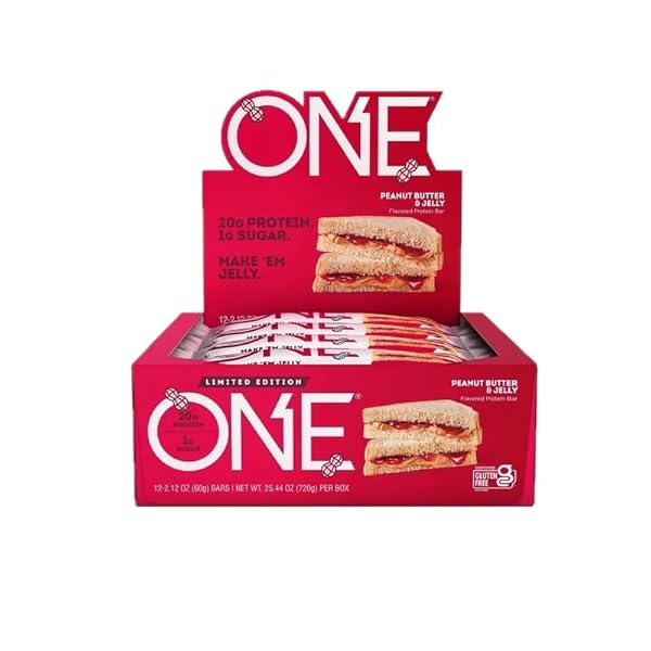 ONE PROTEIN BARS, PEANUT BUTTER & JELLY, GLUTEN FREE WITH 20G PROTEIN AND 1G SUGAR, PANTRY STAPLES, 2.12 OZ (12 COUNT)