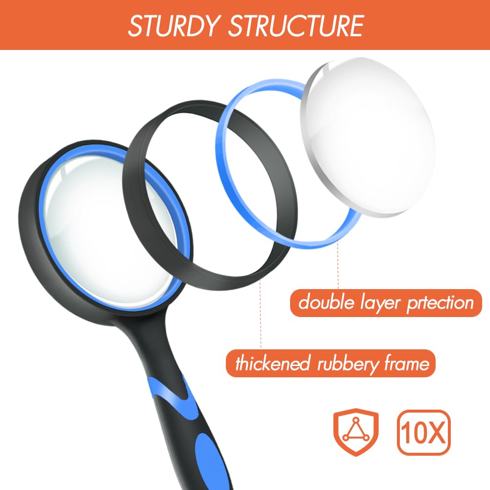 Leffis 8 Pack Magnifying Glass, 50mm 10X Glasses Lens Reading Magnifier for Kids and Seniors, Non-Slip Handheld Magnifying Glass for Close Work, Nature Exploration