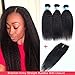 Brazilian Kinky Straight Human Hair Bundles With Closure, 8A Unprocessed Yaki Hair 3 Bundles With Closure, Middle Part, Natural Color(10 12 14+10)