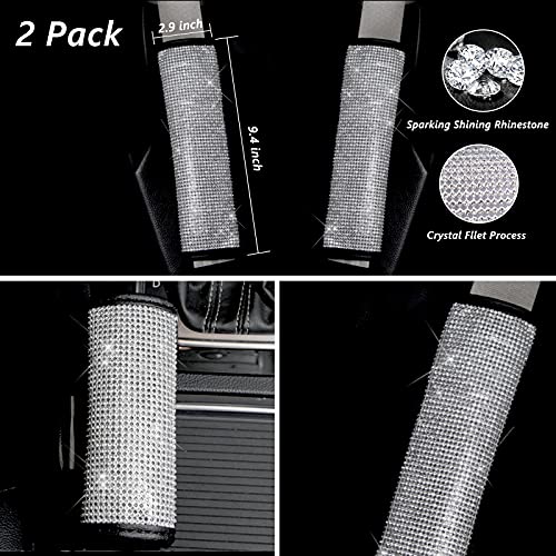 GEISTHOT 4 Pcs Bling Car Accessories for Women Girls, Car Decor Set, Rhinestone Bling Steering Wheel Cover Universal Fit 15 Inch, Glitter Car Seat Belt Covers, Bling Start Button Sticker