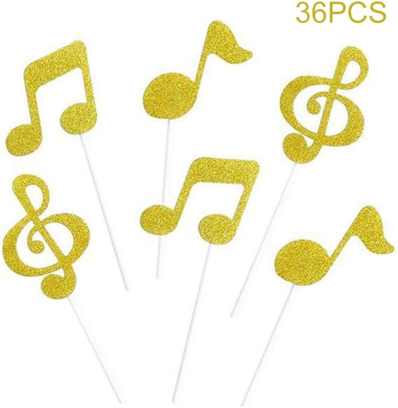 AimtoHome Glitter Music Note Cupcake Toppers Gold Party Musical Cake Decorations for Birthday | Baby Shower | Wedding | Engagement | Graduation Party Dessert Decorations Topper, Pack of 36