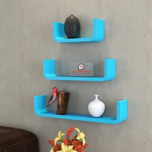 DecorNation MDF Floating Wall Shelf - Set of 3 U Shape Round Corner MDF Wall Racks - Sky Blue