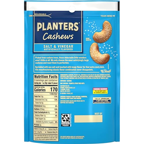 PLANTERS CASHEWS SALT & VINEGAR – TRAIL MIX SNACK PACKS – SNACKS, SNACK PACK, PARTY TRAIL MIX, 5 OZ BAG, 1 PACK