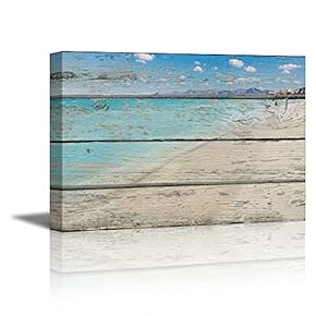 Canvas Prints Wall Art - Tropical Beach on Vintage Wood Background Rustic Home Decoration - 12" x 18"