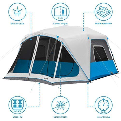 CORE 10 Person Instant Cabin Tent with LED Lights Large Multi