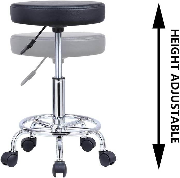 KKTONER PU Leather Round Rolling Stool with Foot Rest Swivel Height Adjustment Medical Spa Drafting Salon Tattoo Work Office Massage Stools Task Chair Black: Furniture & Decor