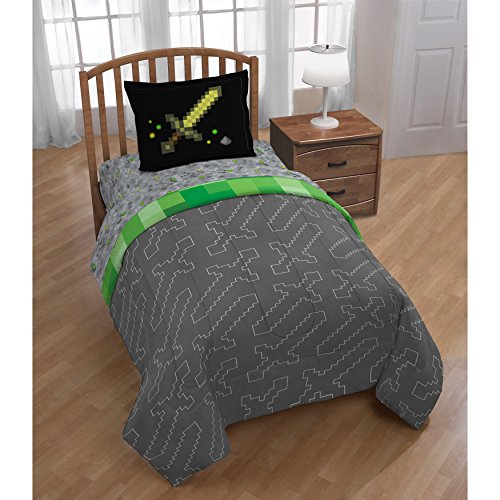 2 Piece Kids Black Grey Green Mojang Minecraft Comforter Twin Set