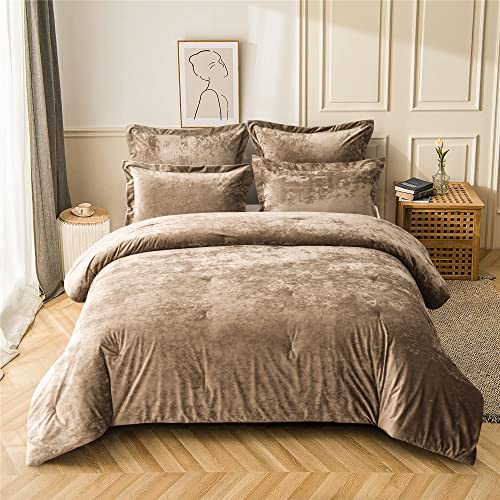 Fredsure Samt-Steppdecken-Set, Used-Look, 5-teilig, Khaki Queen-Size-Bett, Used-Look und Rückseite aus gebürsteter Mikrofaser