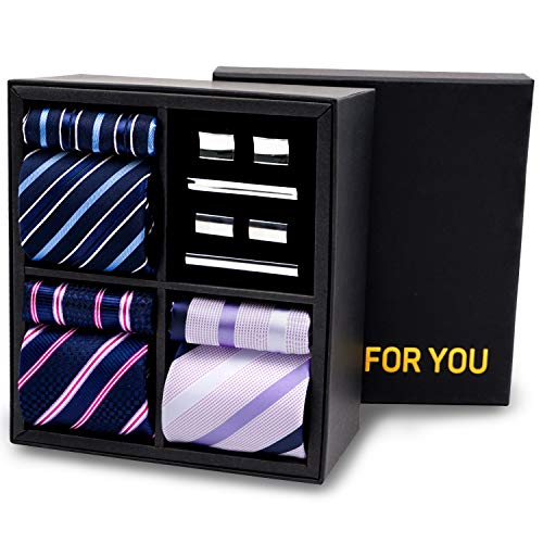 Men's Classic Premium Gift Tie Set Stripe Jacquard Woven Silk Necktie Pocket Squares Tie Clips Cufflinks For MenGift Box-Stripe