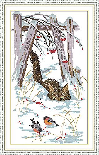 Joy Sunday Counted Cross Stitch Kit, Cross-Stitch Patterns Snow kitten with 14CT White Fabric - DIY Art Crafts & Sewing Hand Needlepoints Kit 13''x21''