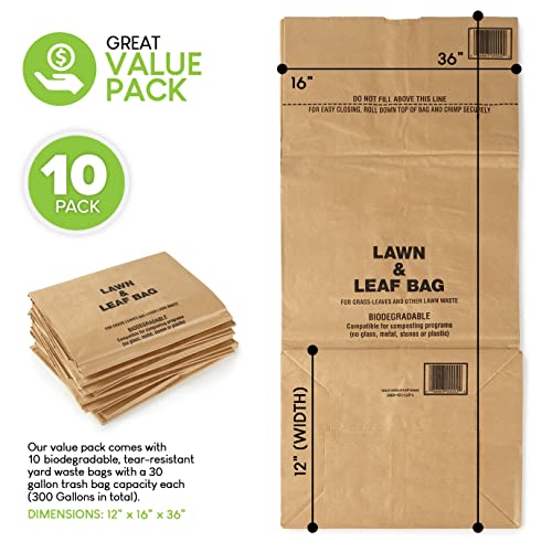 30 Gallon Kraft Lawn and Leaf Bags (10 Pack) EcoFriendly Heavy Duty Large Paper Trash Bags