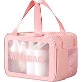YIMIKE Travel Toiletry Bag,Large Clear Makeup Bags, 2 in 1 Cosmetics Bag,Transparent Skin Care Bag for Toiletries,Waterproof & Draining Make up Bags,PVC Thickened Wash Bag for Women Men (Pink)