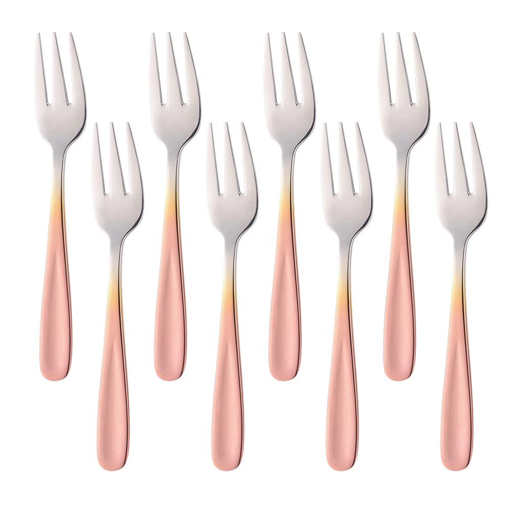 Bisda 8-Piece Gradient Rose Gold Cake Fork Set, 18/10 Stainless Steel, Mirror Polish, Ideal for Wedding Party & Dessert