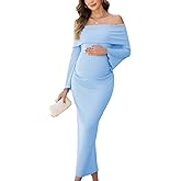 AISWI Off The Shoulder Maternity Dress Bell Sleeves Ruched Bodycon Maxi Elegant Pregnancy Dresses Baby Shower Photoshoot