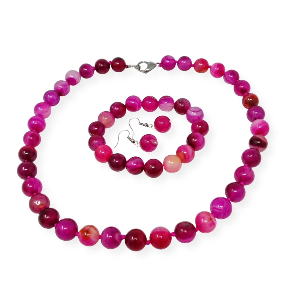 TreasureBay Stunning 12mm Natural Gemstone Beaded Necklace and Bracelet Jewellery Set For Women (Pink Lace Agate) — image 1