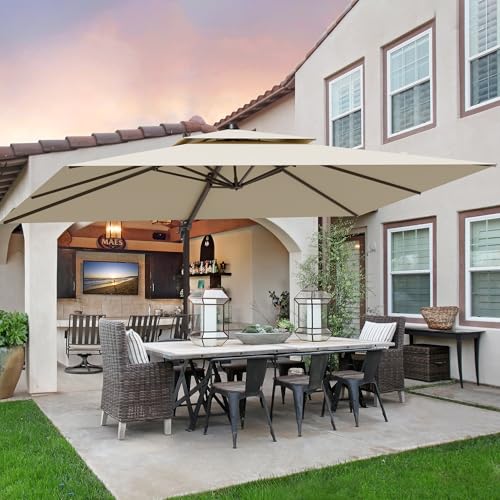 ZLACUIU 9x12FT Beige Cantilever Outdoor Patio Umbrella with Base, Large Rectangular Offset Design, Double Top Heavy Duty Aluminum Frame & 360° Rotation for Pool Garden Deck Backyard