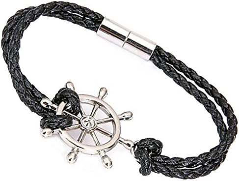 PopJ Nautical Bracelet Charms Braided Leather Rudder Design Bangle Sea Magentic Clasp