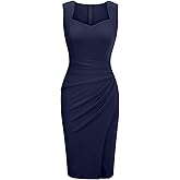 IHOT Women's Vintage Sweetheart V Neck Sleeveless Ruched Sheath Bodycon Faux Wrap Party Cocktail Work Dress